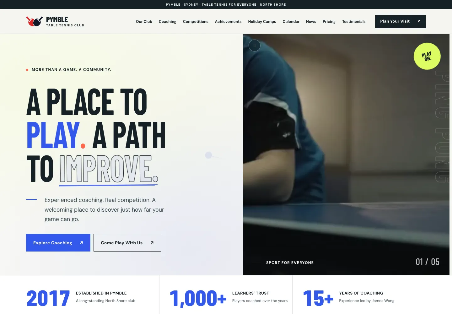 Pymble Table Tennis Club website homepage designed by Coco