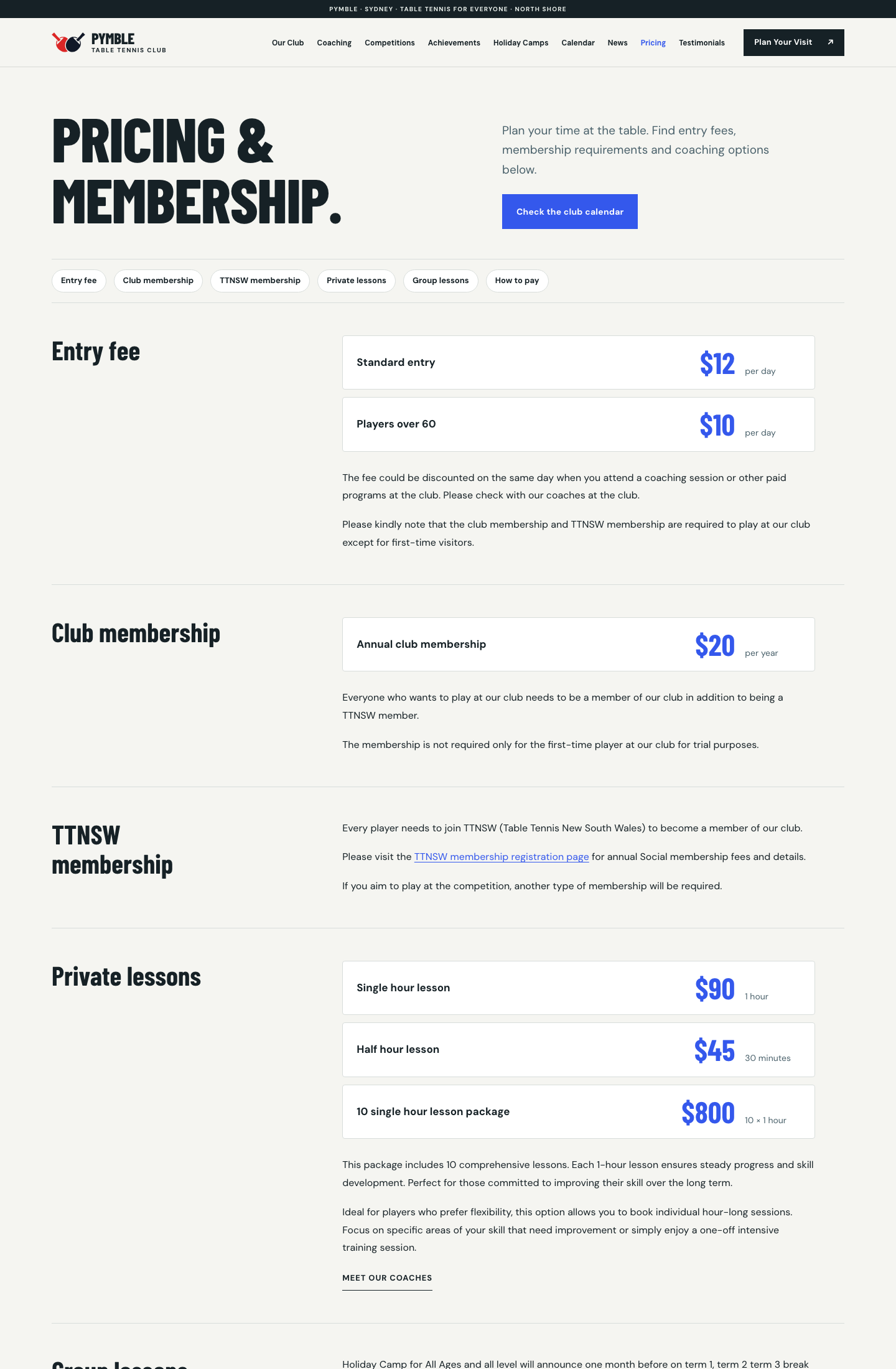 Pymble TTC fees page after redesign