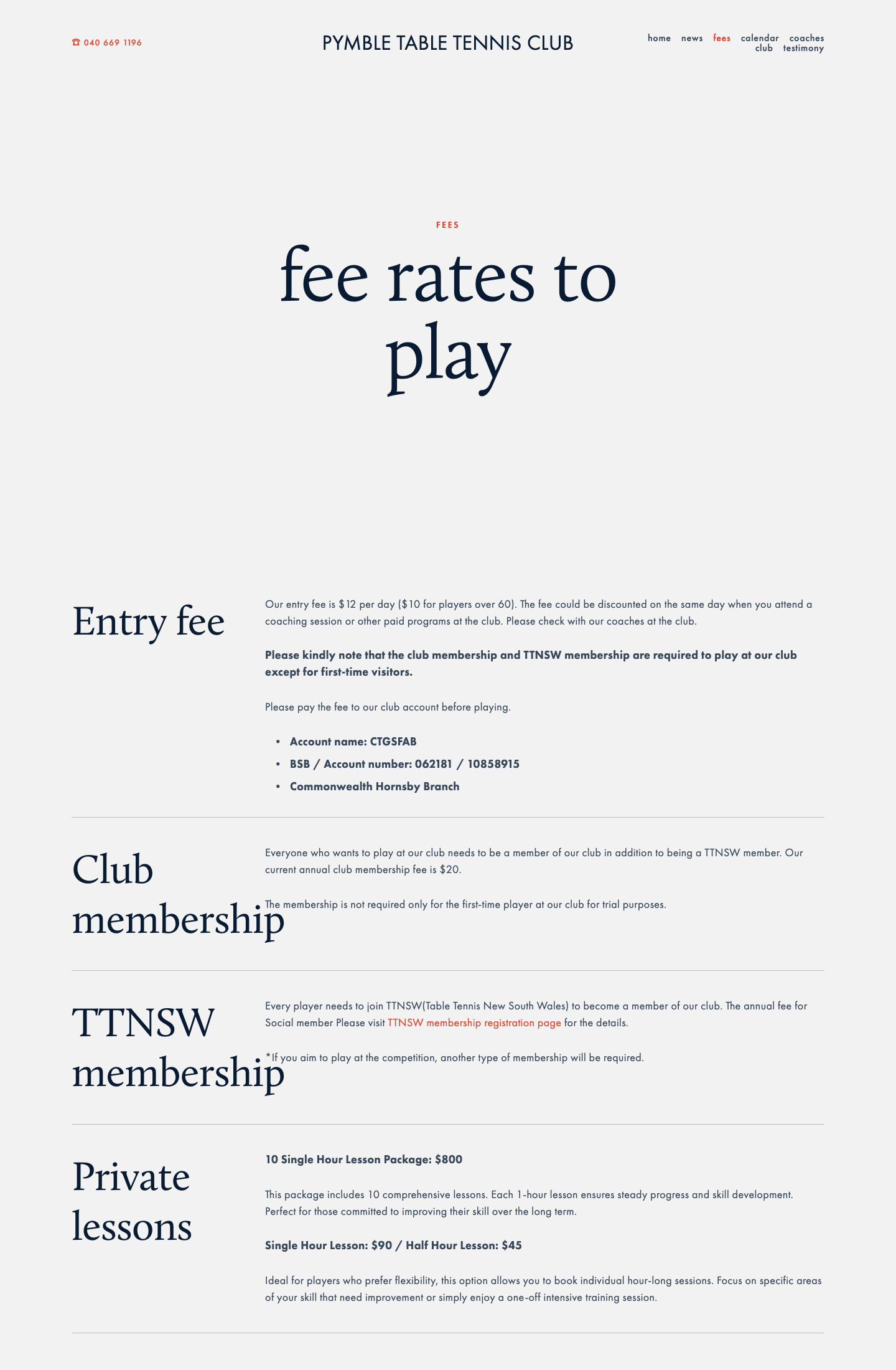 Pymble TTC fees page before redesign